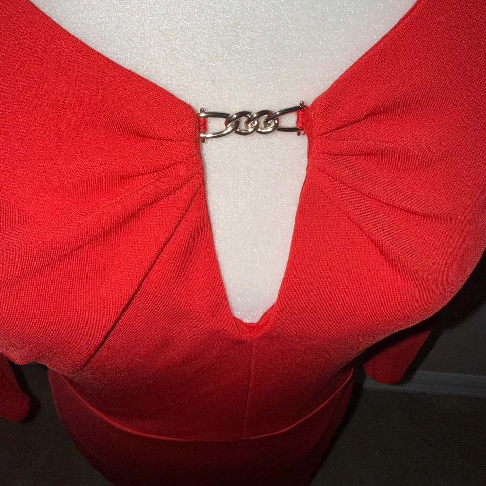 Liz Claiborne Red Long Sleeve Plunge Neck Cocktail Dress - Picture 5 of 7